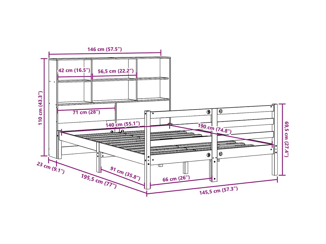 Lit bibliothèque sans matelas blanc 140x190 cm bois pin massif