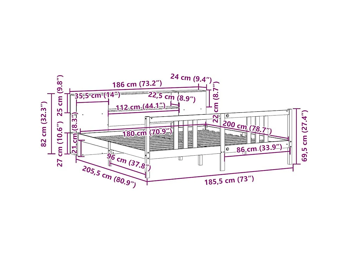 Lit bibliothèque sans matelas 180x200 cm bois massif de pin