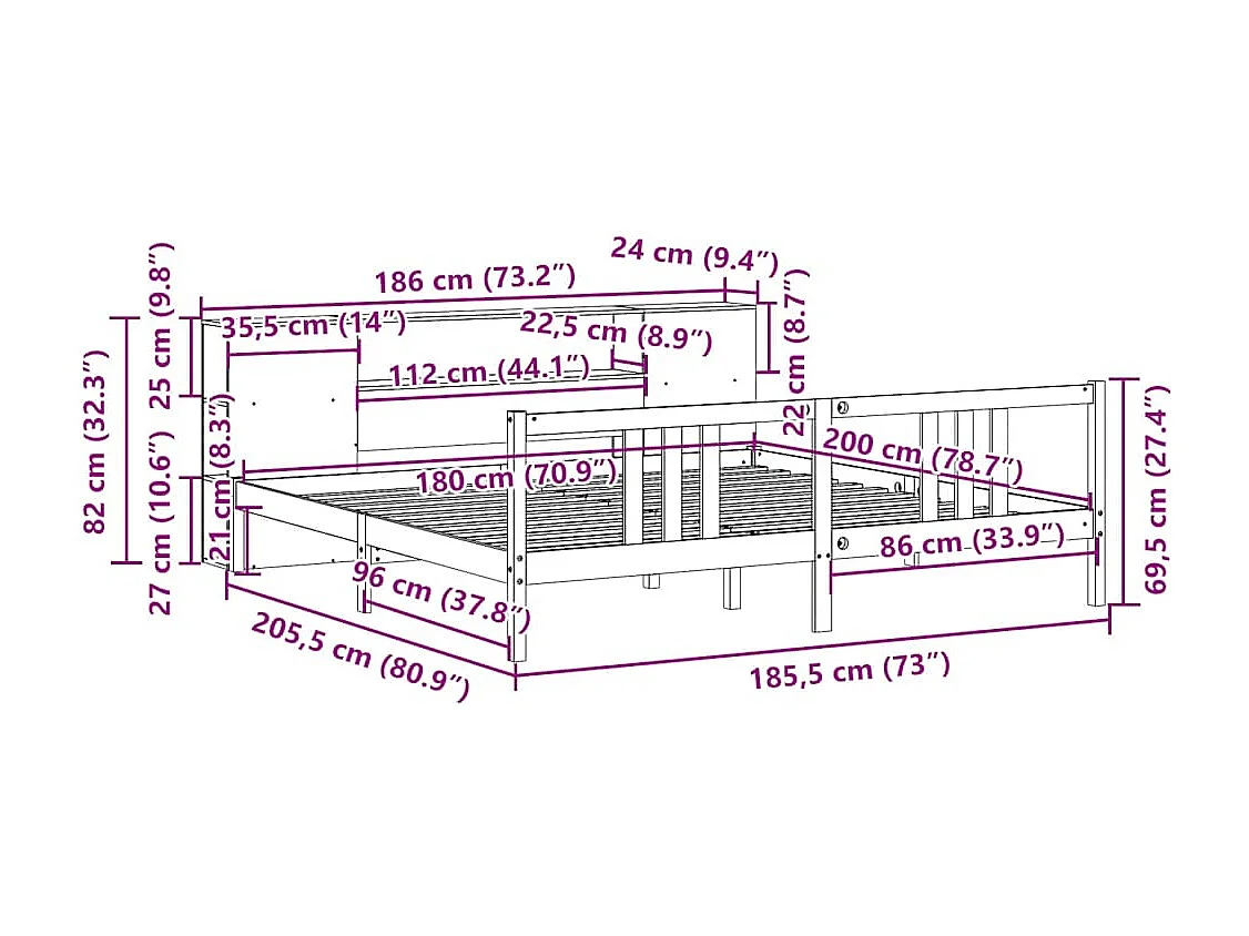 Bed met boekenkast zonder matras massief grenenhout 180x200 cm
