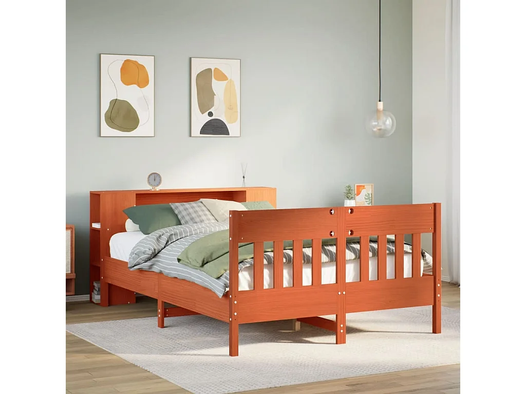 Bed met boekenkast zonder matras grenenhout wasbruin 160x200 cm