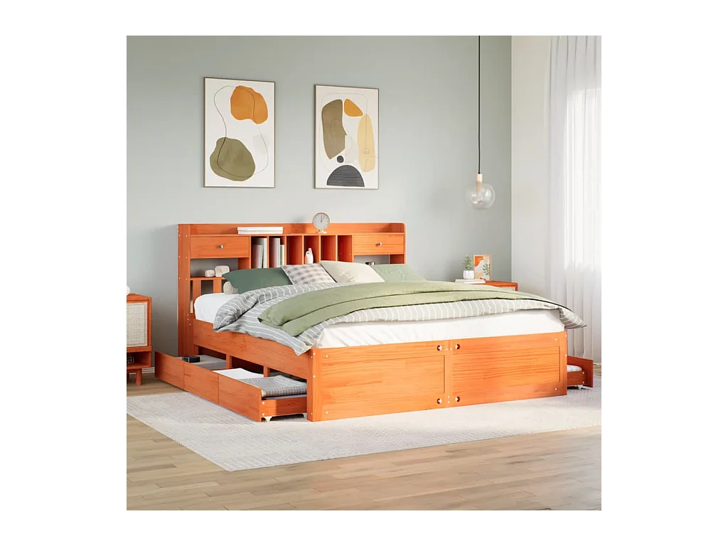 Massivholzbett mit Regal ohne Matratze Wachsbraun 180x200 cm