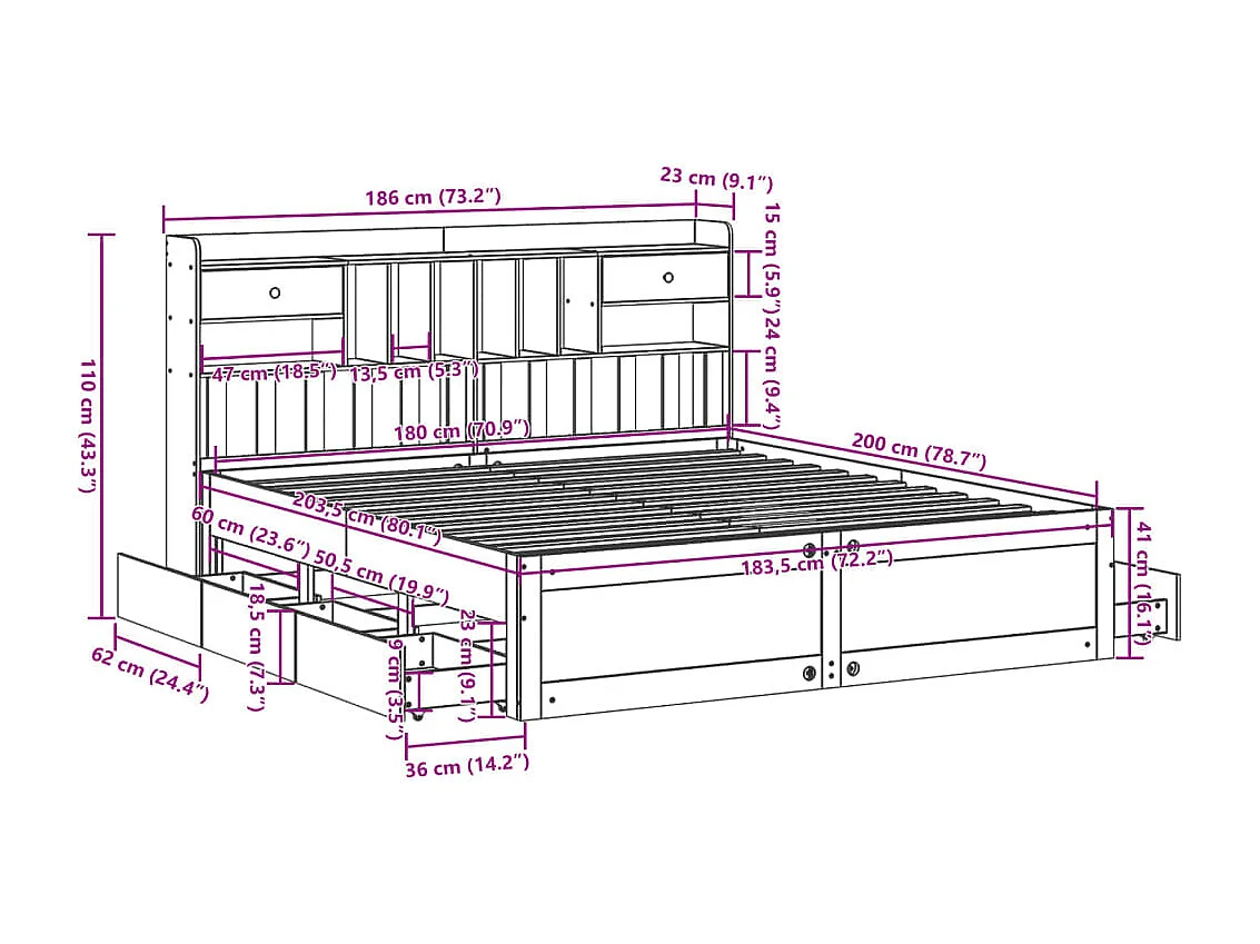 Massivholzbett mit Regal ohne Matratze Wachsbraun 180x200 cm