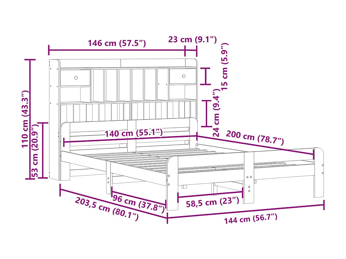 Letto Libreria senza Materasso Bianco 140x200 cm Legno di Pino