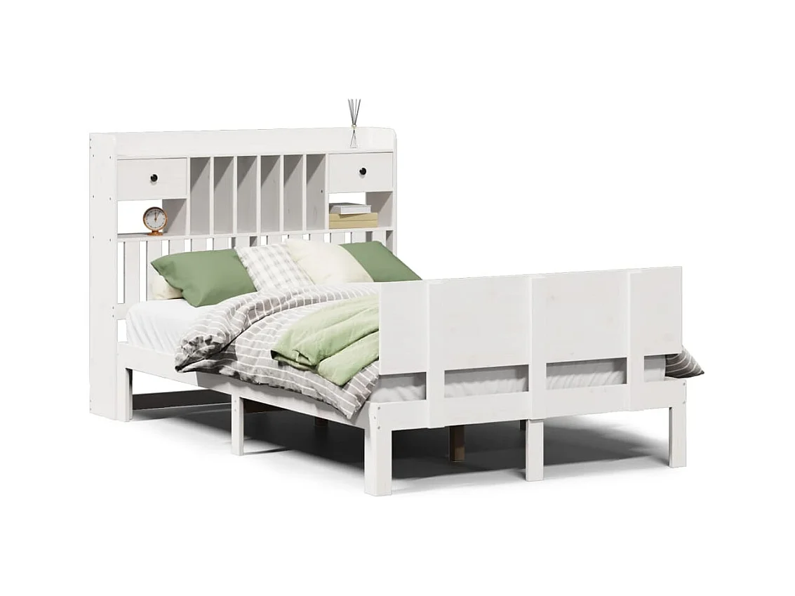 Massivholzbett mit Regal ohne Matratze Weiß 135x190 cm Kiefer