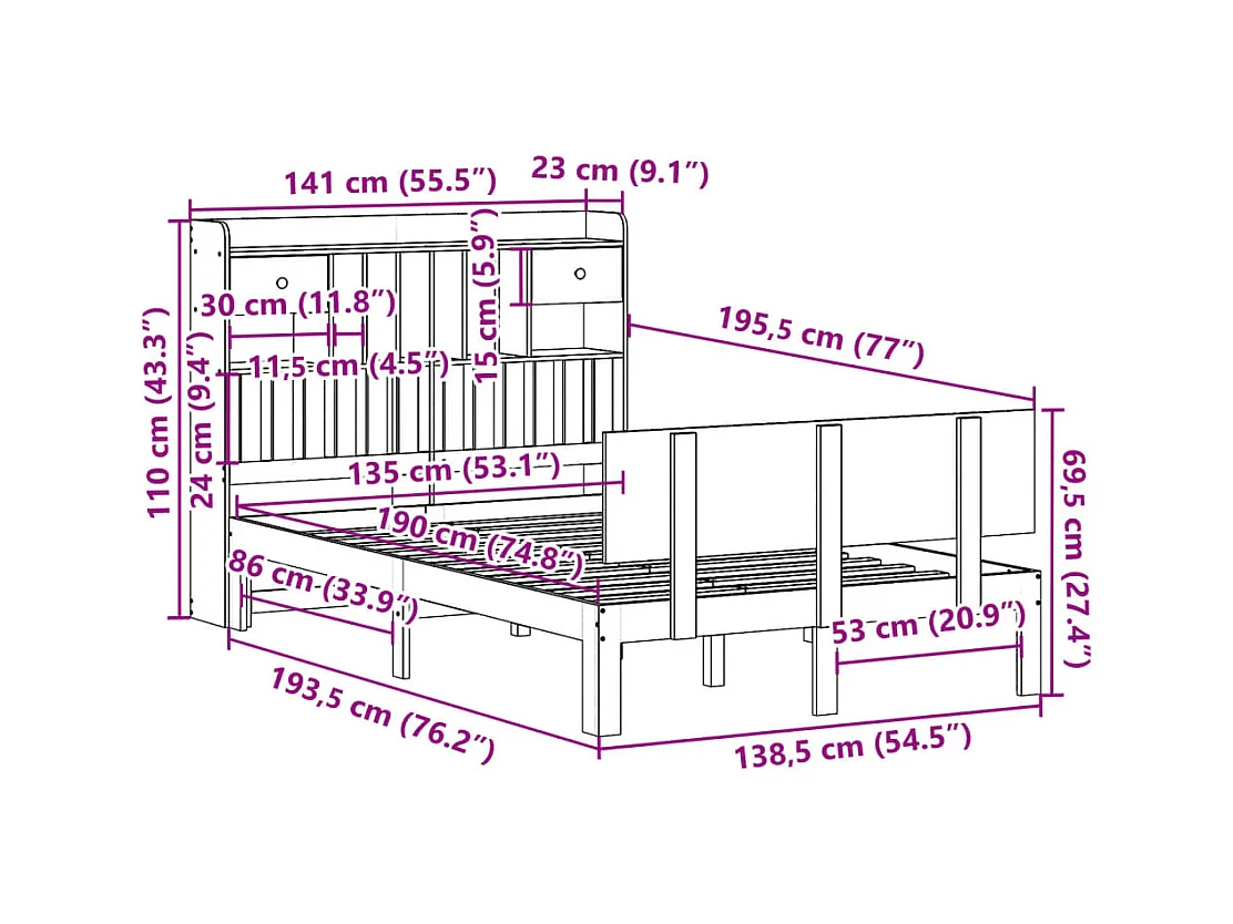 Massivholzbett mit Regal ohne Matratze Weiß 135x190 cm Kiefer