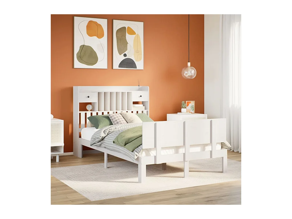 Lit bibliothèque sans matelas blanc 135x190 cm bois pin massif