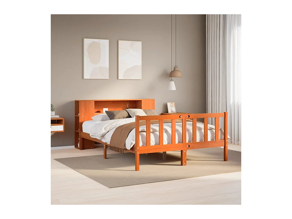 Letto Libreria senza Materasso Marrone Cera 140x200 cm in Pino