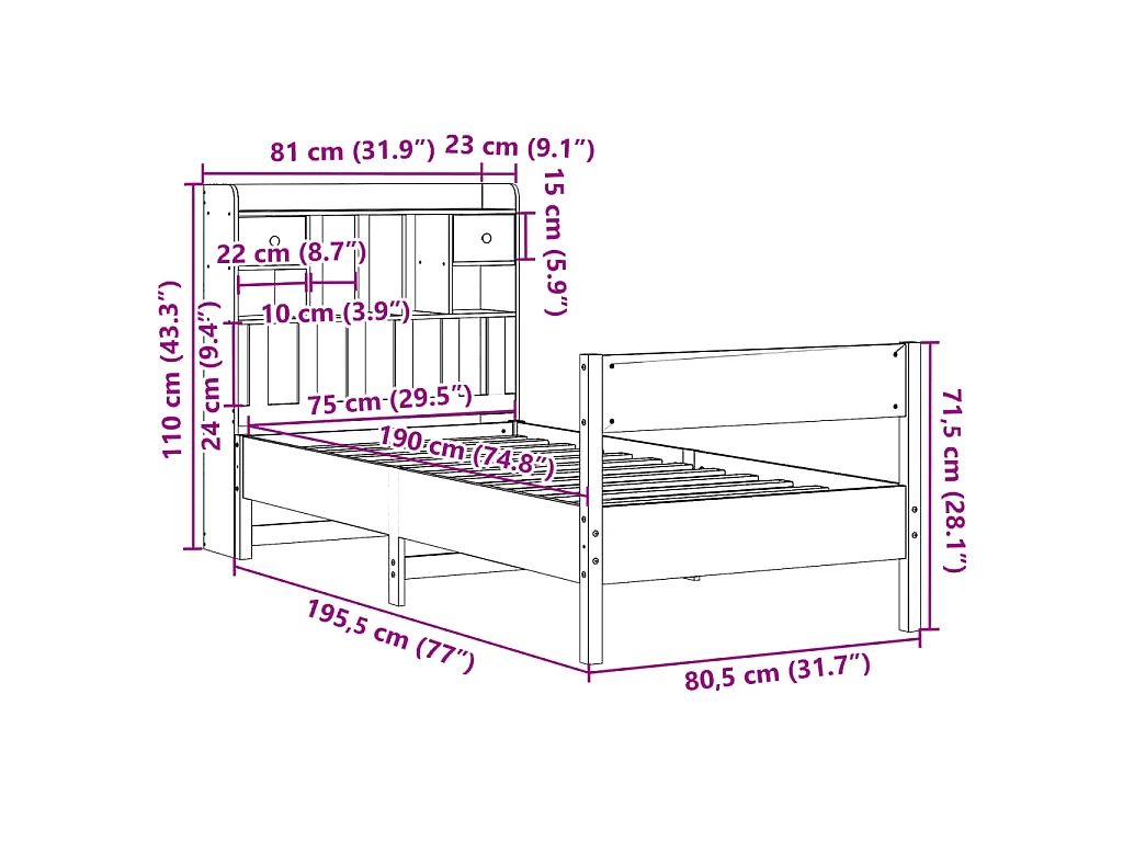 Lit bibliothèque sans matelas cire marron 75x190 cm pin massif