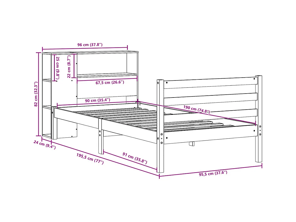 Lit bibliothèque sans matelas 90x190 cm bois de pin massif