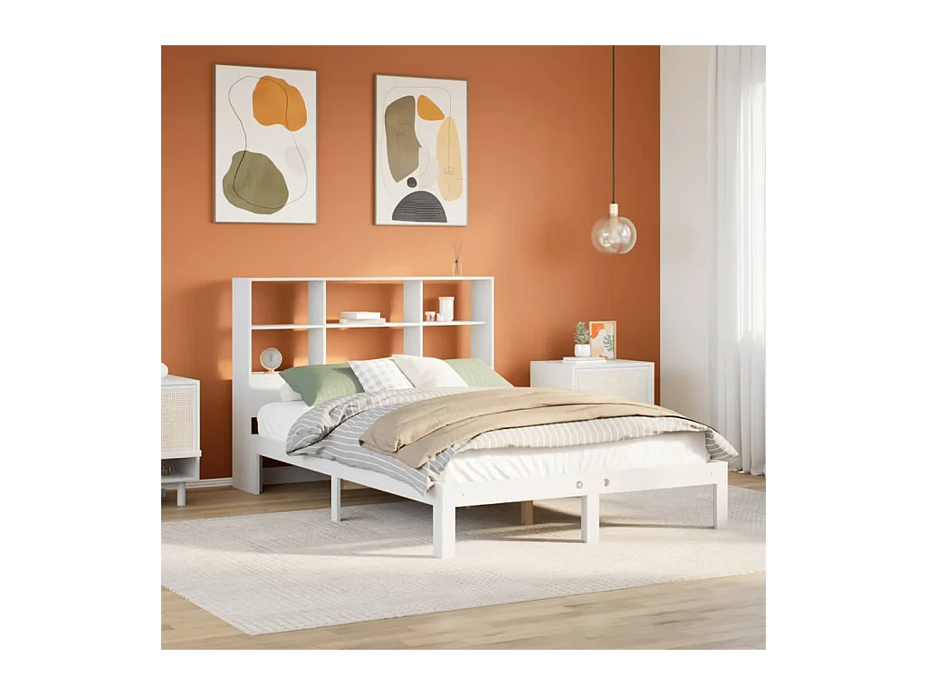 Lit bibliothèque sans matelas blanc 140x190 cm bois pin massif