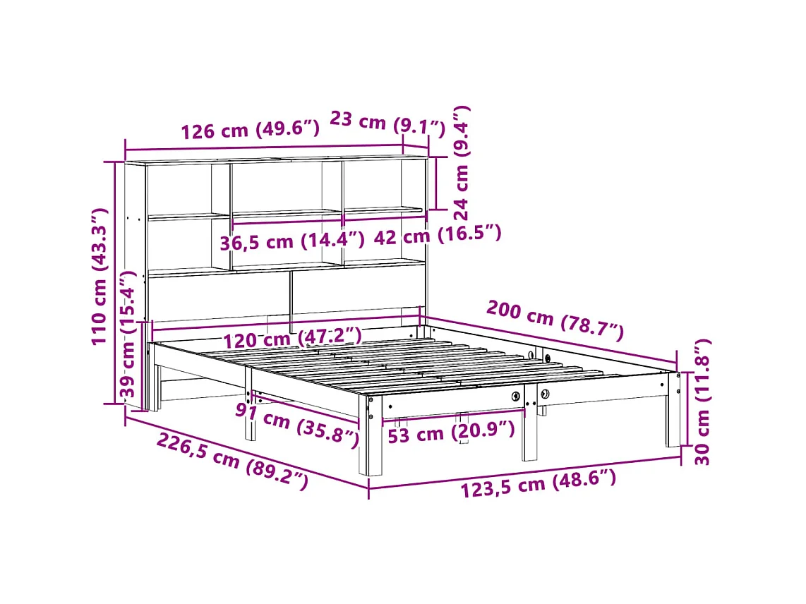 Lit bibliothèque sans matelas cire marron 120x200 cm pin massif