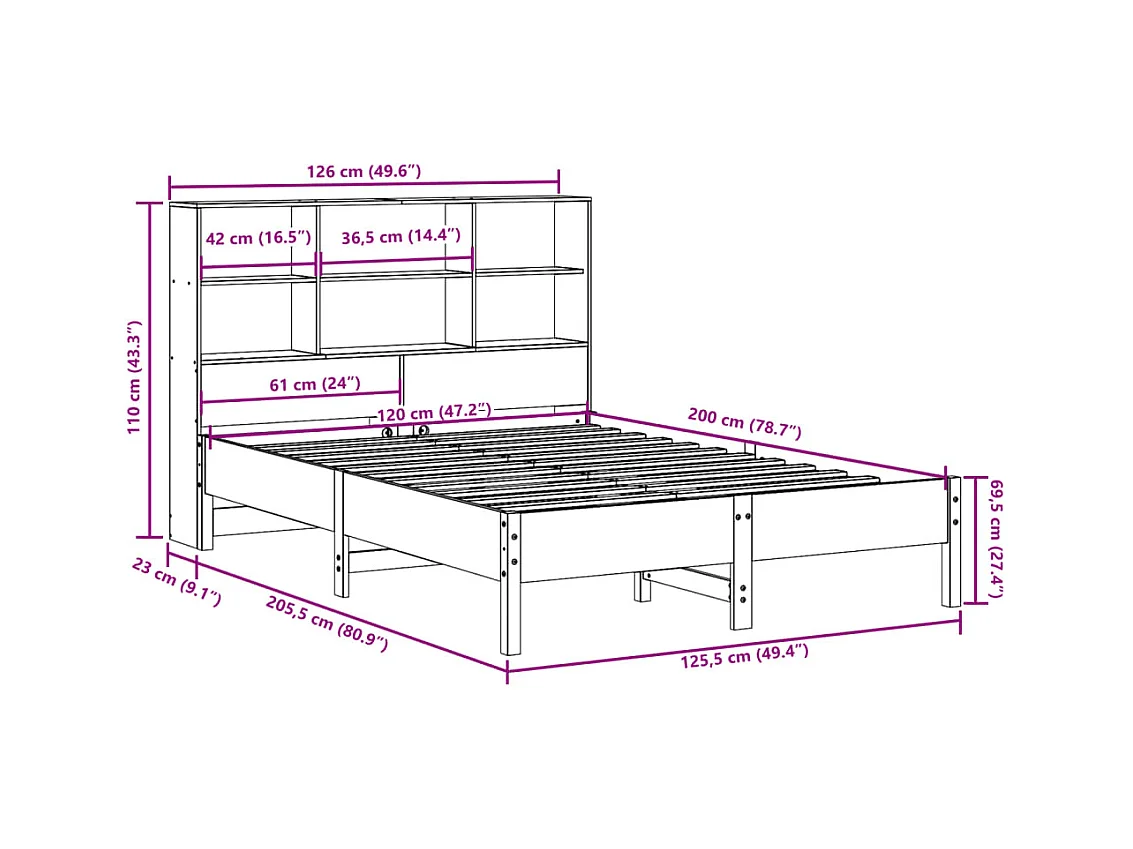Lit bibliothèque sans matelas cire marron 120x200 cm pin massif