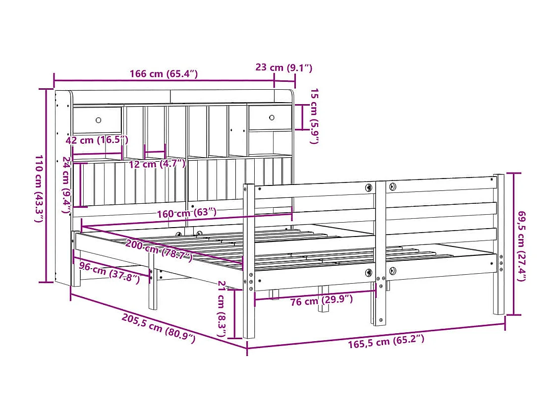 Massivholzbett mit Regal ohne Matratze 160x200 cm Kiefernholz