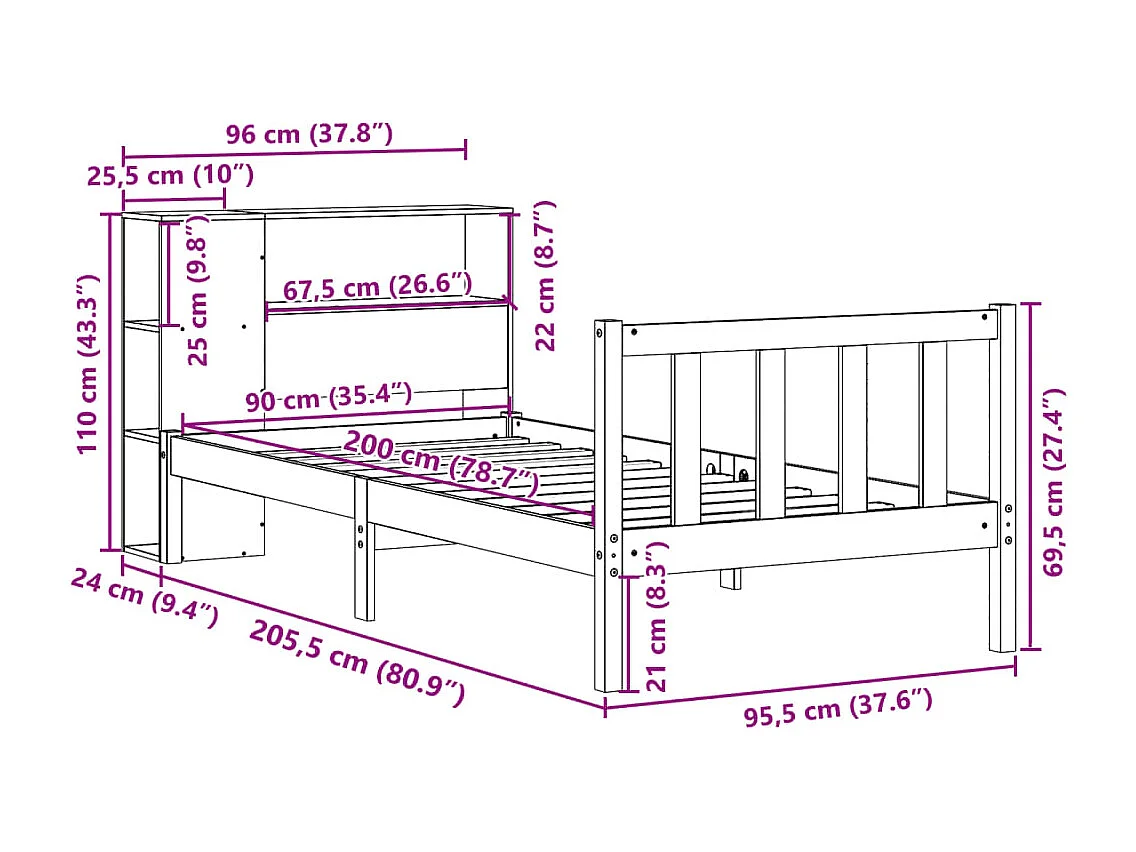Bed met boekenkast zonder matras massief grenenhout 90x200 cm