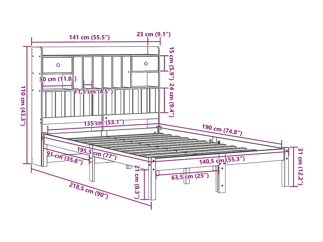 Massivholzbett mit Regal ohne Matratze 135x190 cm Kiefernholz