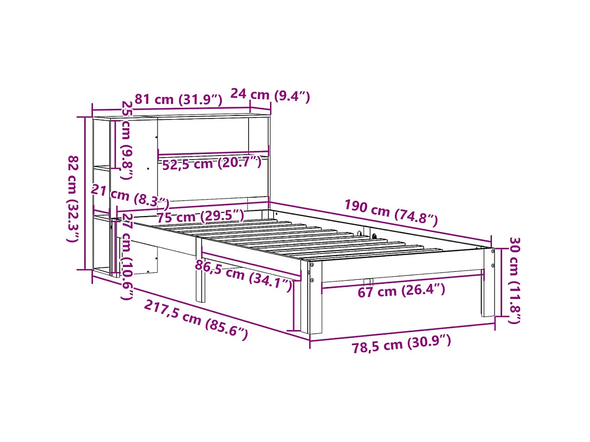 Lit bibliothèque sans matelas 75x190 cm bois de pin massif