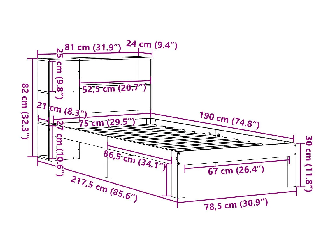 Bücherregalbett ohne Matratze 75x190 cm Massivholz Kiefer