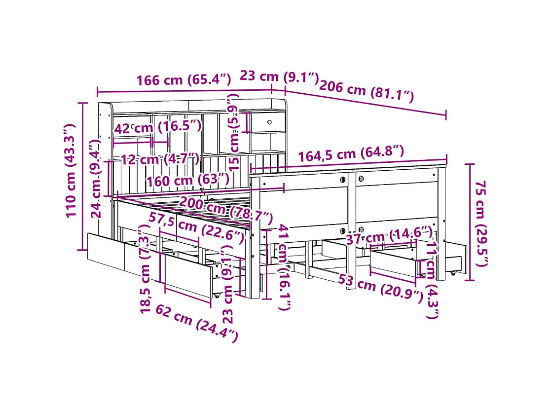 Lit bibliothèque sans matelas 160x200 cm bois massif de pin