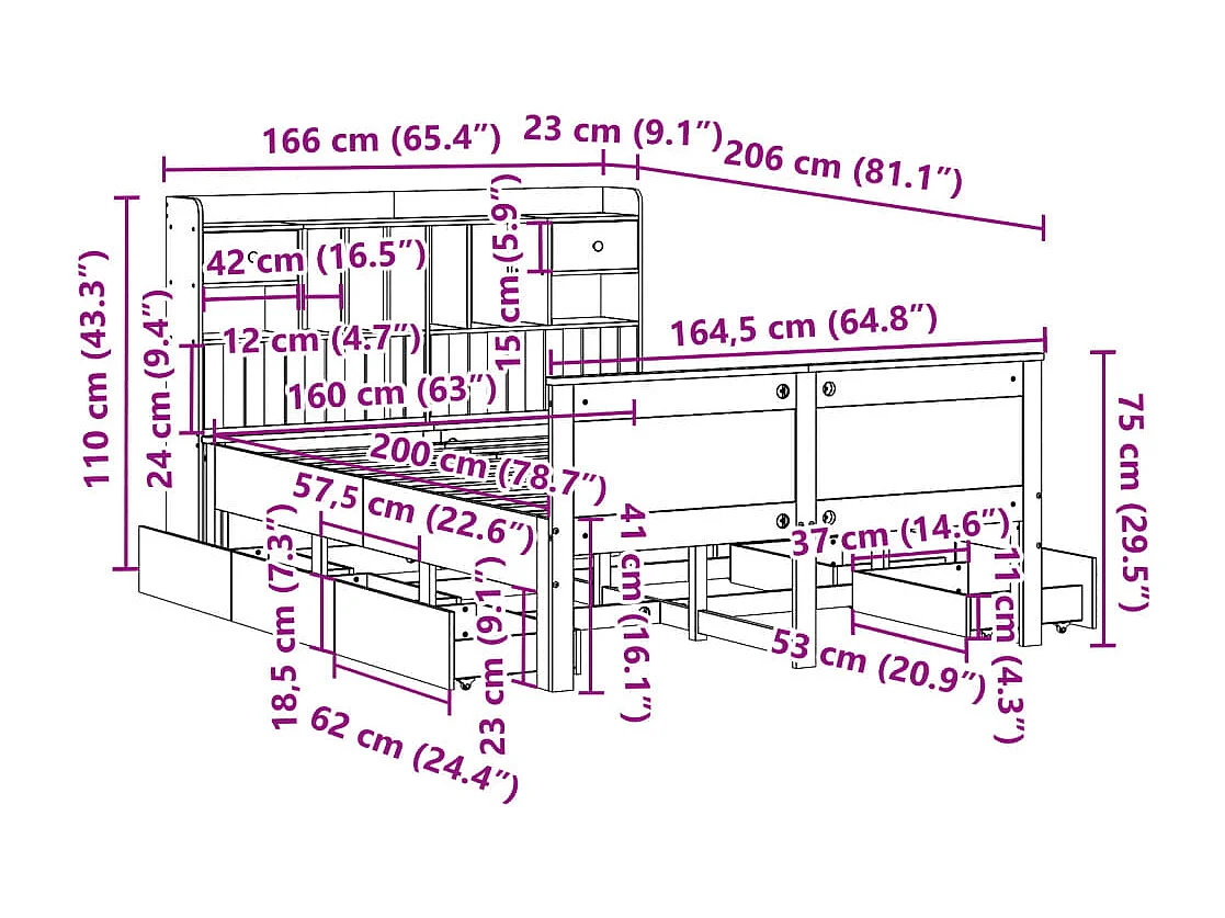 Massivholzbett mit Regal ohne Matratze 160x200 cm Kiefernholz