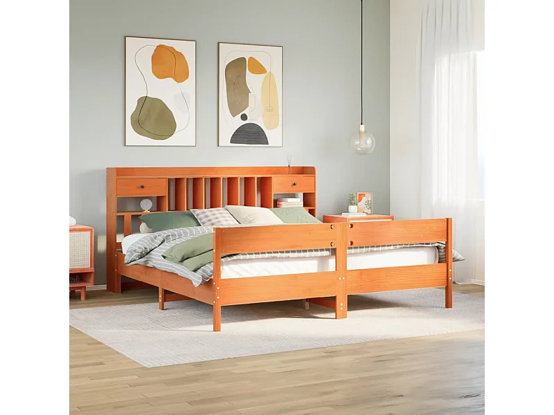 Lit bibliothèque sans matelas cire marron 200x200 cm pin massif