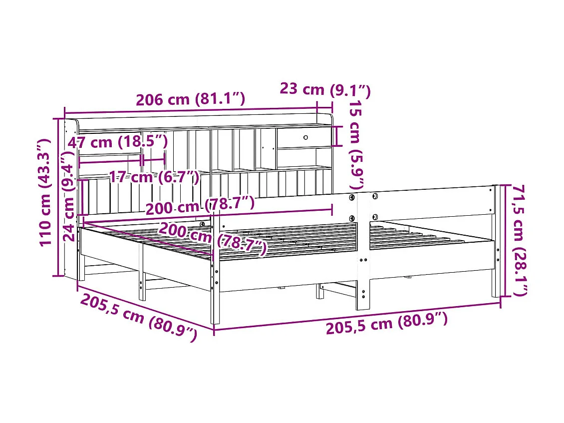Massivholzbett mit Regal ohne Matratze Wachsbraun 200x200 cm