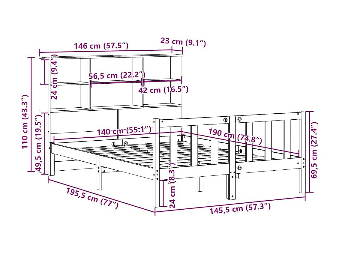 Cama com estante sem colchão 140x190 cm pinho maciço