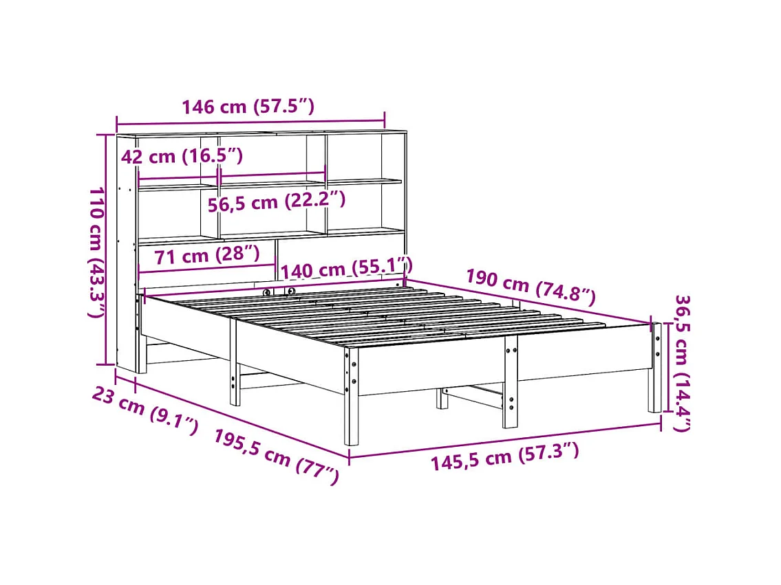 Lit bibliothèque sans matelas blanc 140x190 cm bois pin massif