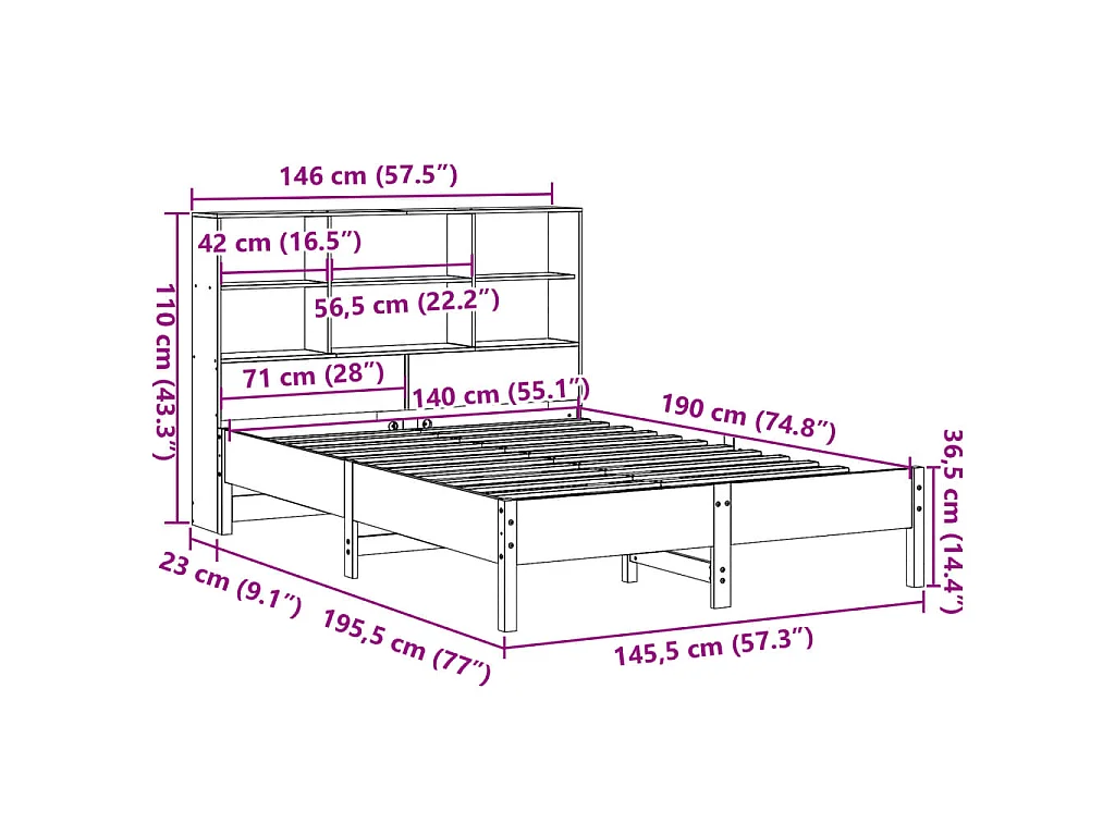 Lit bibliothèque sans matelas blanc 140x190 cm bois pin massif