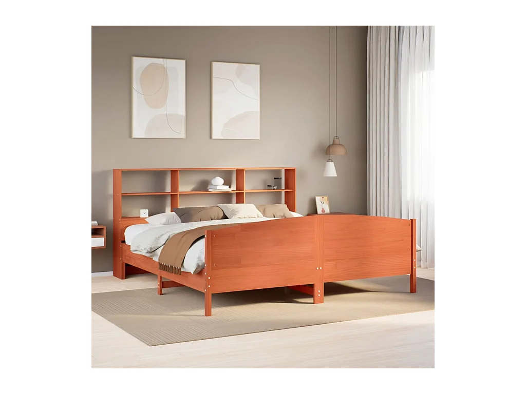 Lit bibliothèque sans matelas cire marron 200x200 cm pin massif