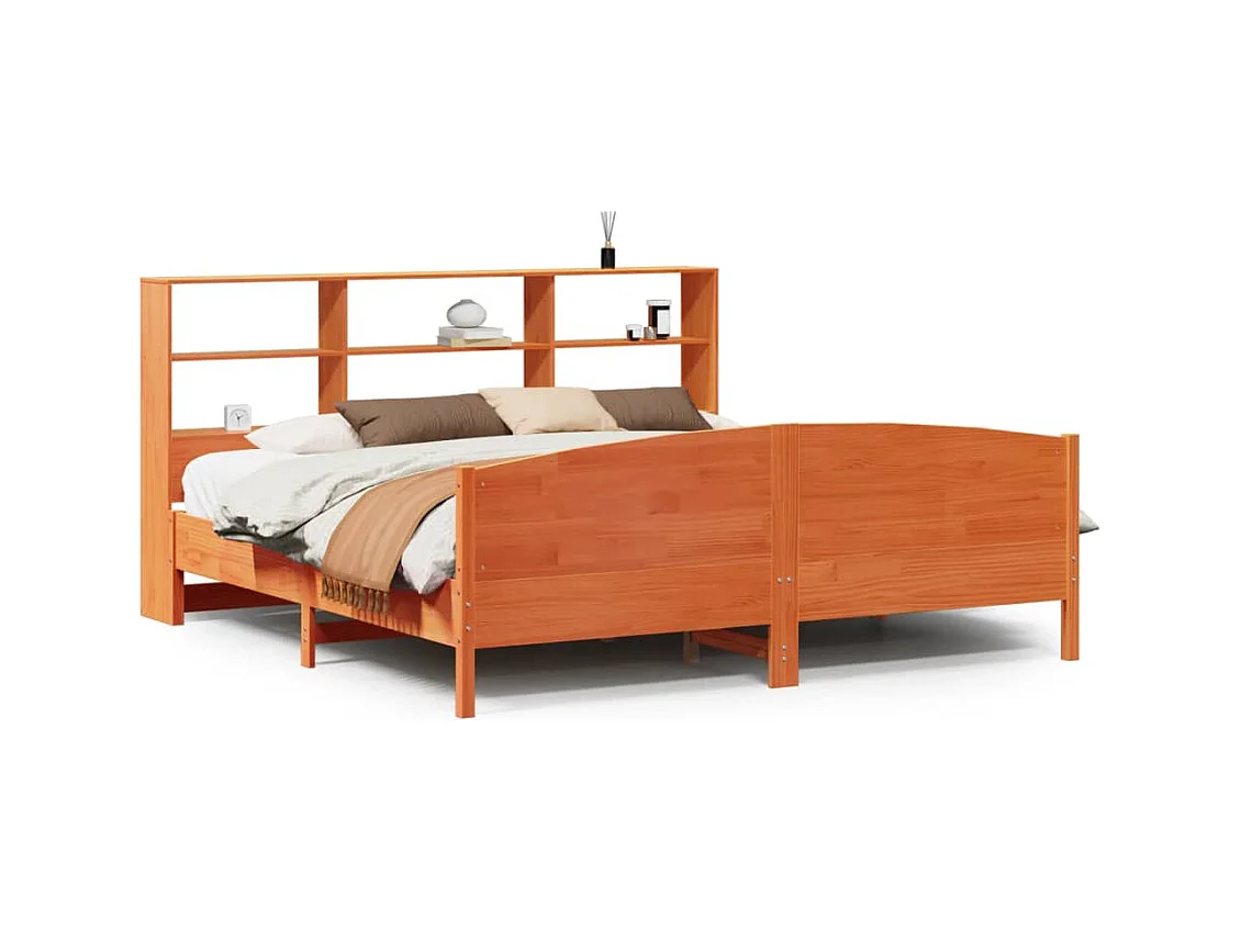 Lit bibliothèque sans matelas cire marron 200x200 cm pin massif