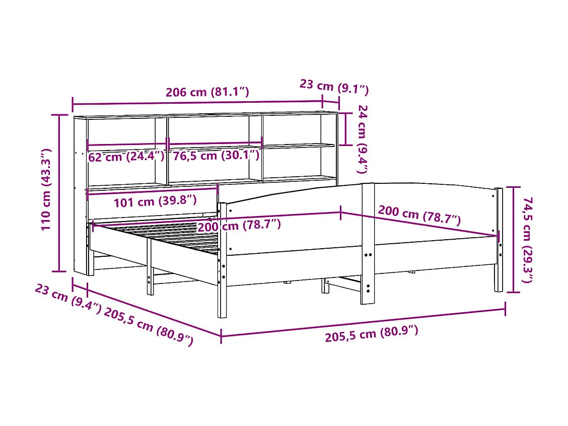 Cama con estantería sin colchón madera maciza marrón 200x200 cm