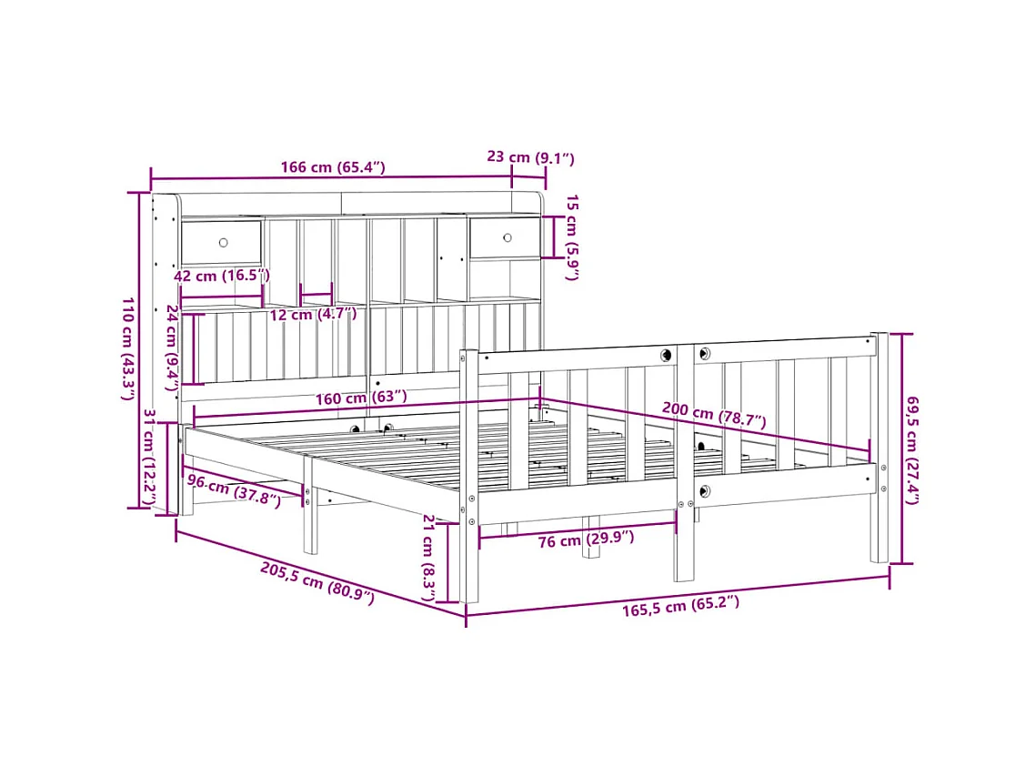 Lit bibliothèque sans matelas 160x200 cm bois massif de pin