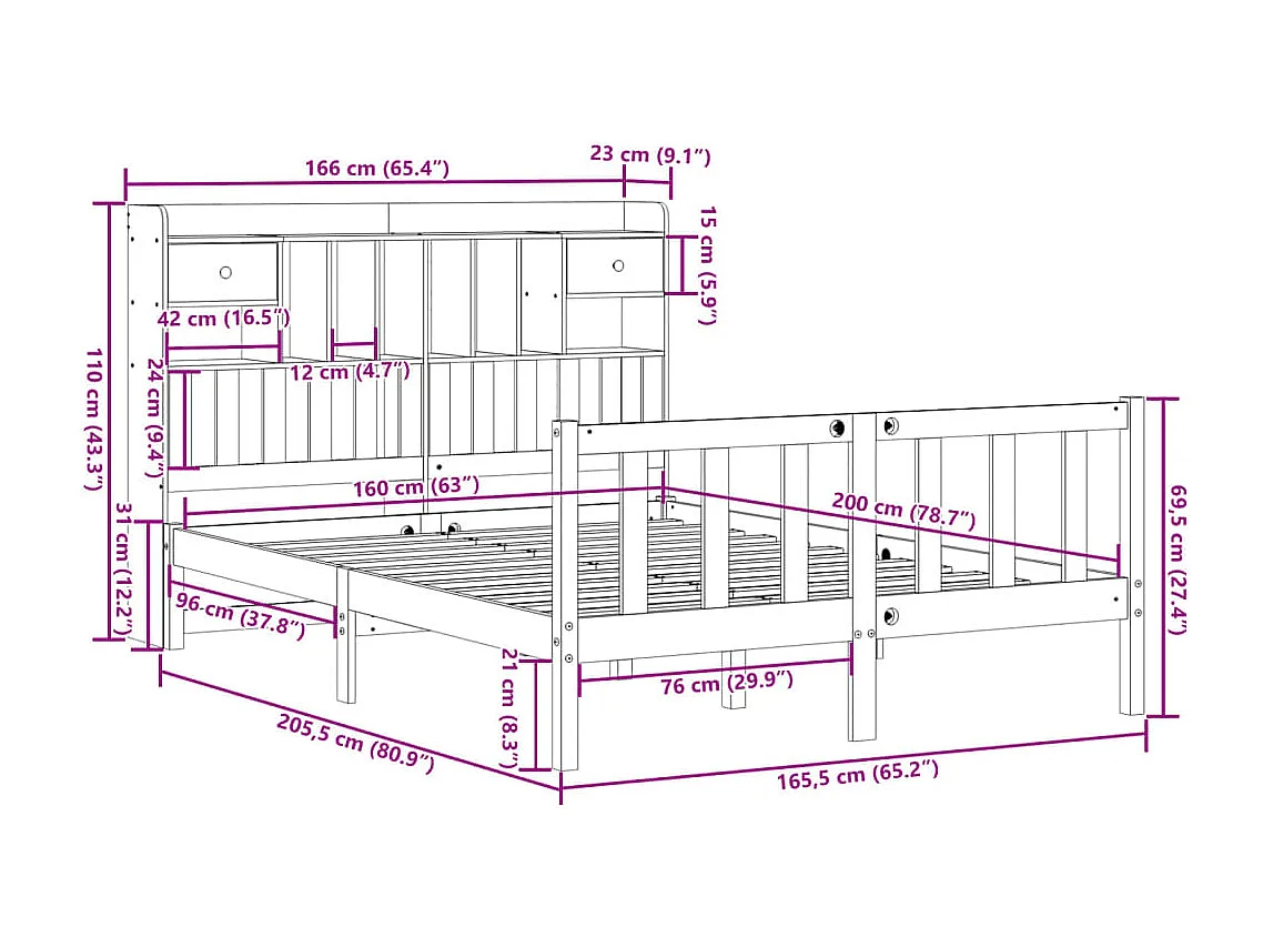 Bed met boekenkast zonder matras massief grenenhout 160x200 cm