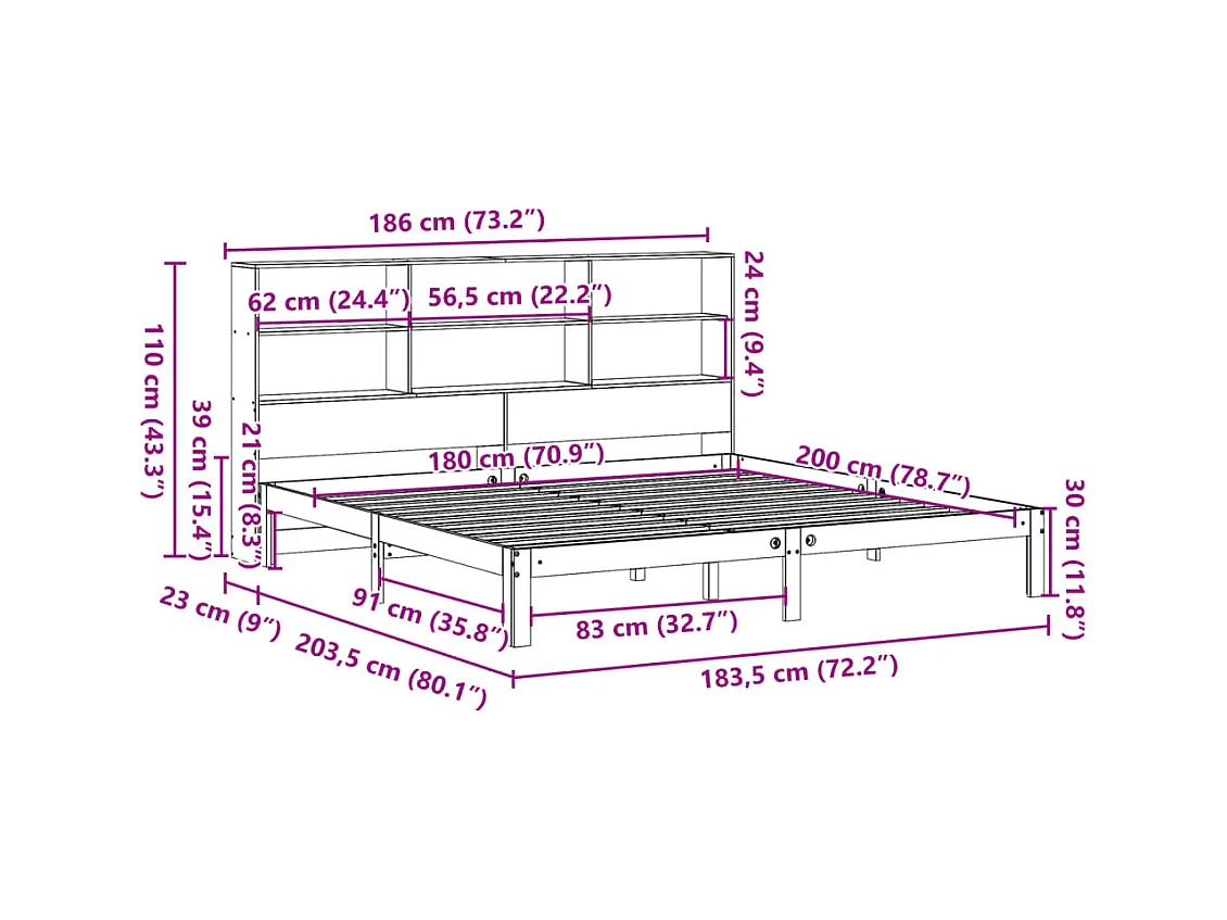 Lit bibliothèque sans matelas blanc 180x200 cm bois pin massif