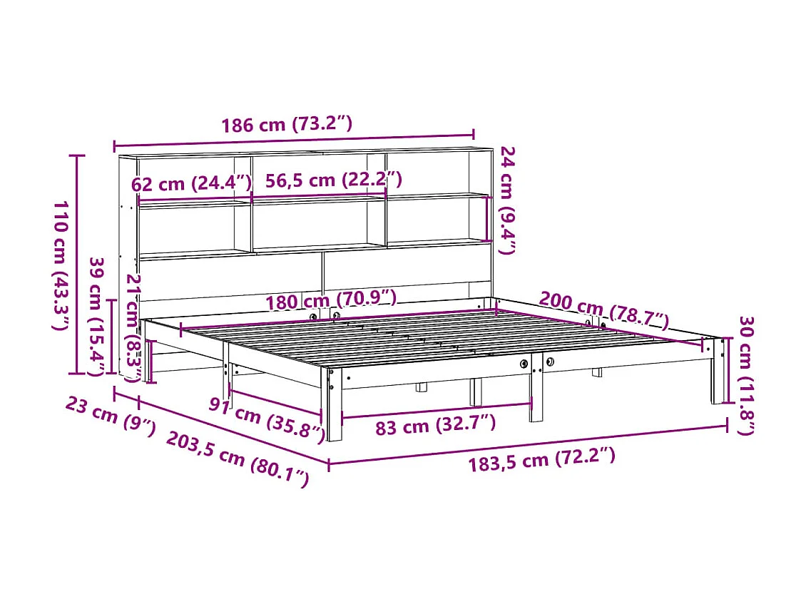 Lit bibliothèque sans matelas blanc 180x200 cm bois pin massif