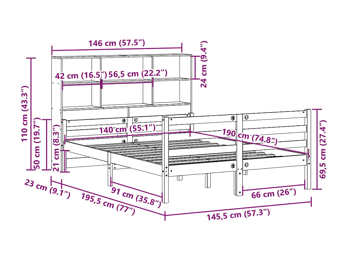 Bed met boekenkast zonder matras massief grenenhout 140x190 cm