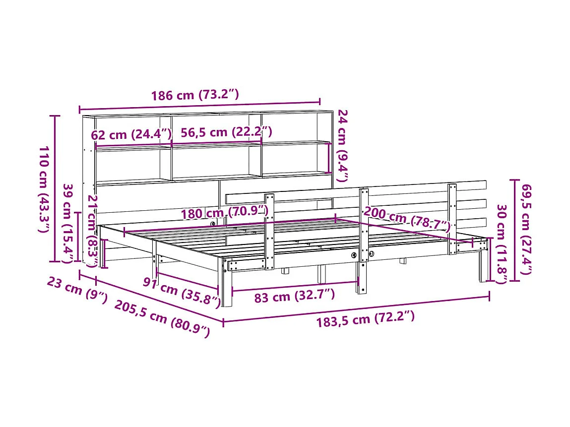 Giroletto con Libreria senza Materasso 180x200 cm in Legno Pino