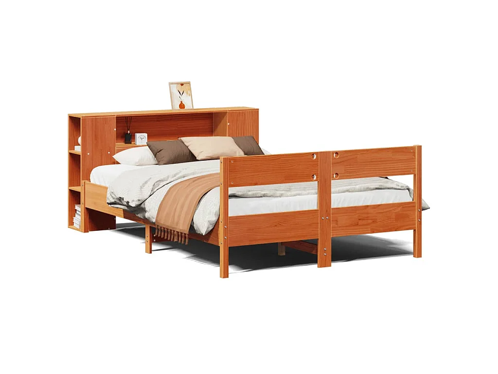 Lit bibliothèque sans matelas cire marron 135x190 cm pin massif