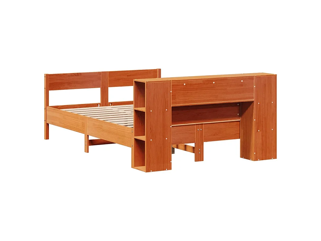 Lit bibliothèque sans matelas cire marron 135x190 cm pin massif