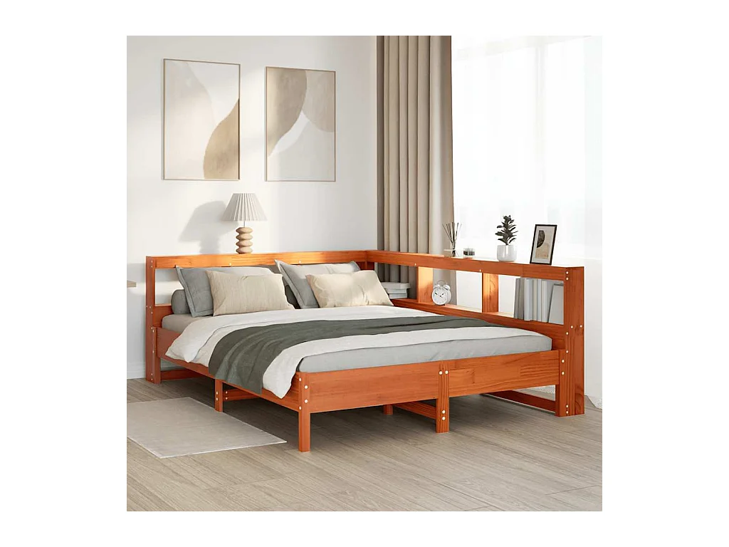 Lit bibliothèque sans matelas cire marron 140x190 cm pin massif