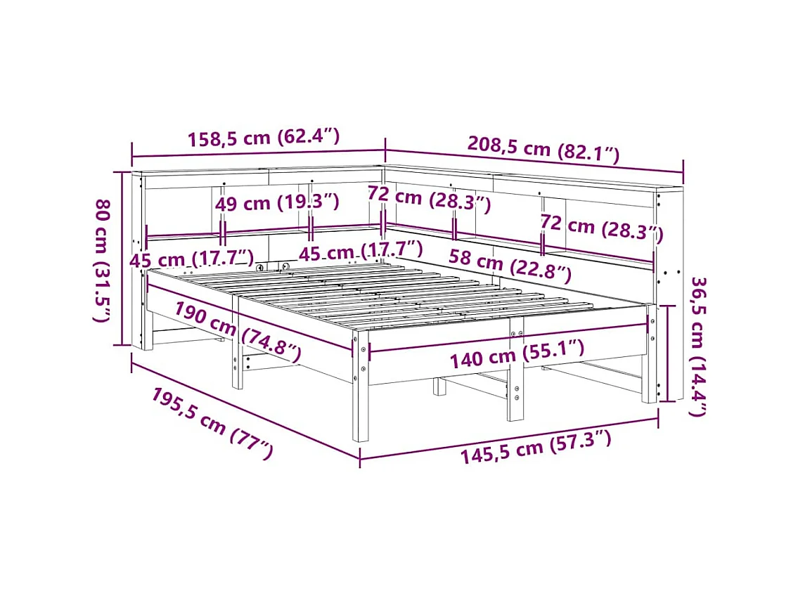 Lit bibliothèque sans matelas cire marron 140x190 cm pin massif