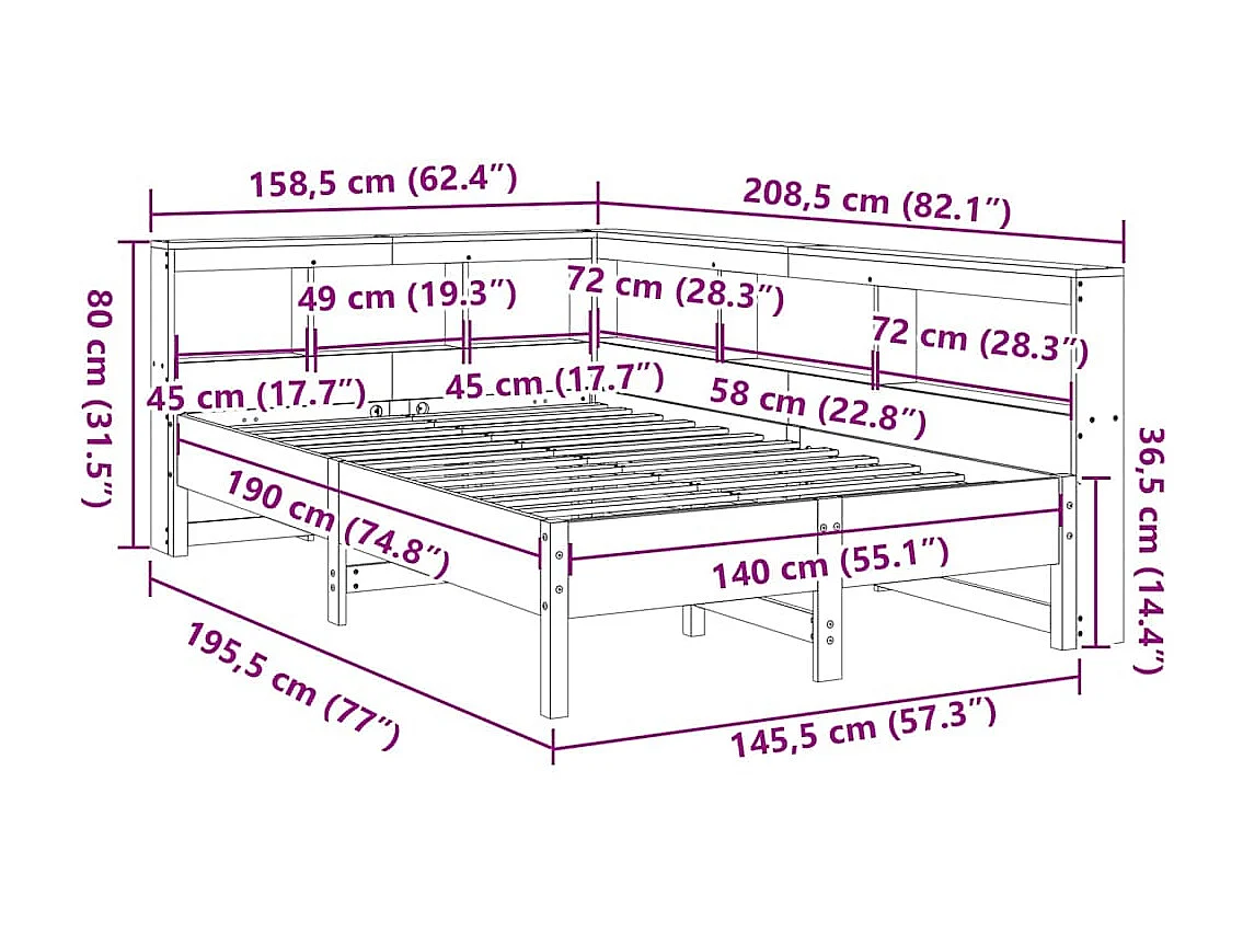 Lit bibliothèque sans matelas cire marron 140x190 cm pin massif
