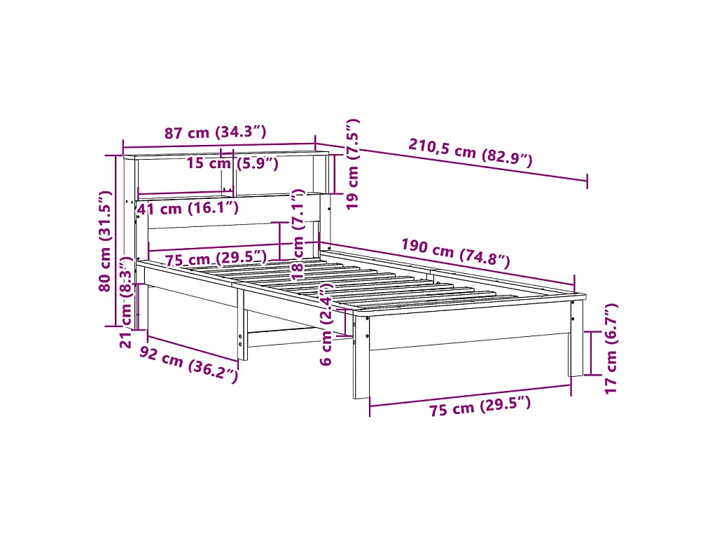Lit bibliothèque sans matelas blanc 75x190cm bois de pin massif