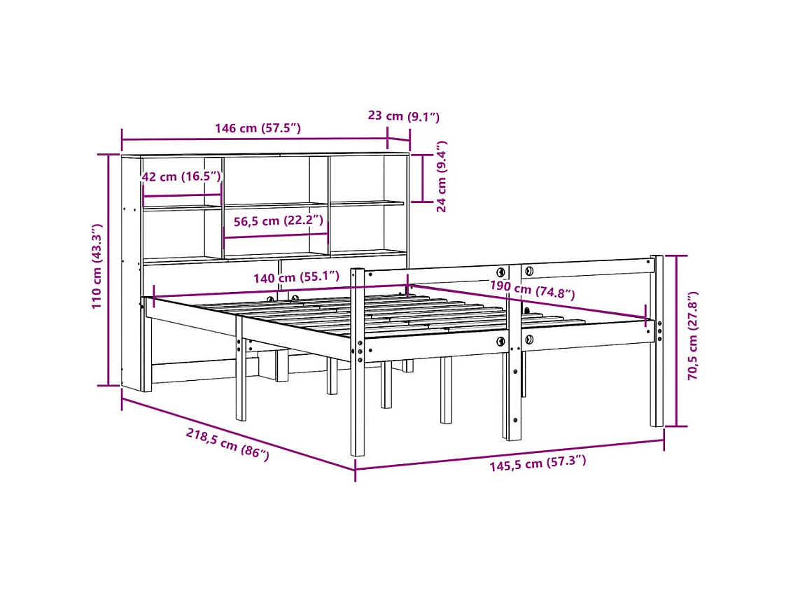 Lit bibliothèque sans matelas 140x190 cm bois de pin massif