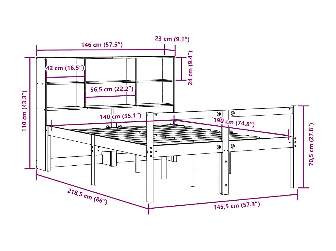 Cama com estante sem colchão 140x190 cm pinho maciço