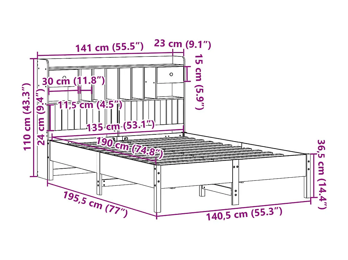 Bed met boekenkast zonder matras massief grenenhout 135x190 cm