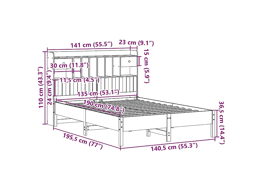 Cama com estante sem colchão 135x190 cm pinho maciço
