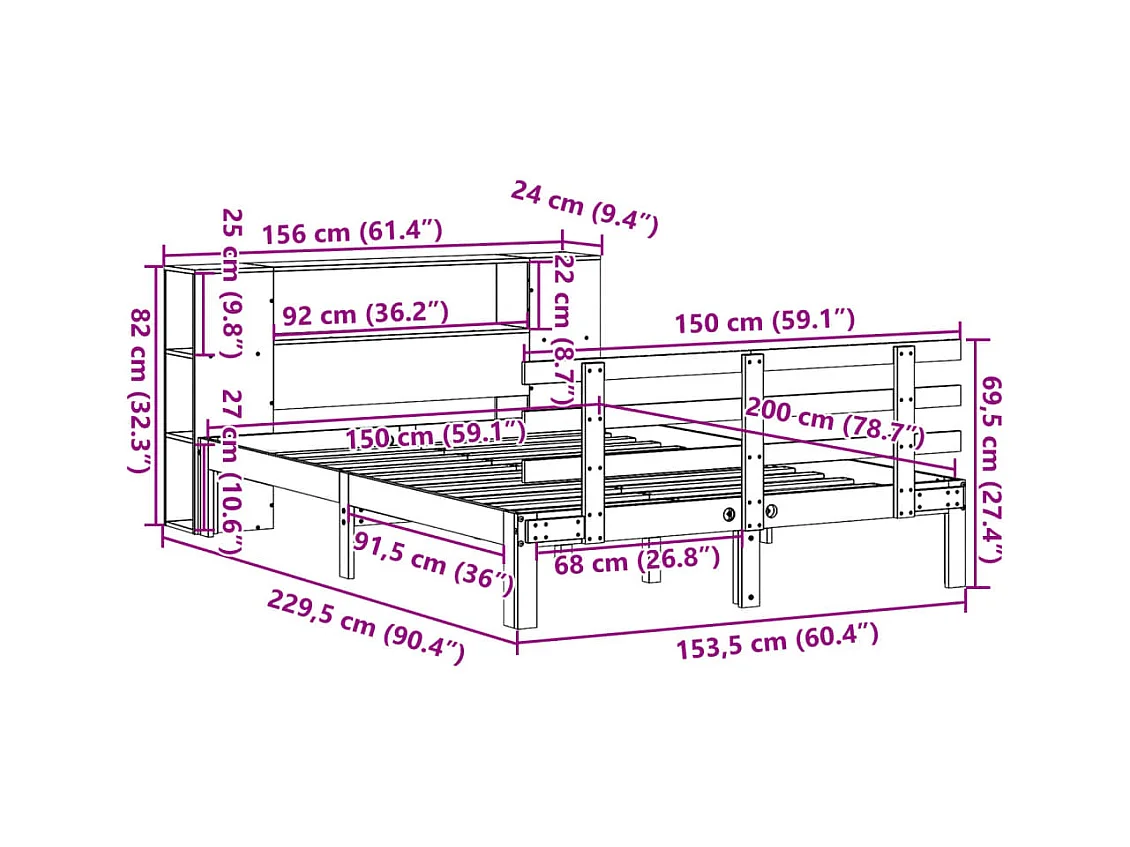 Lit bibliothèque sans matelas 150x200 cm bois massif de pin