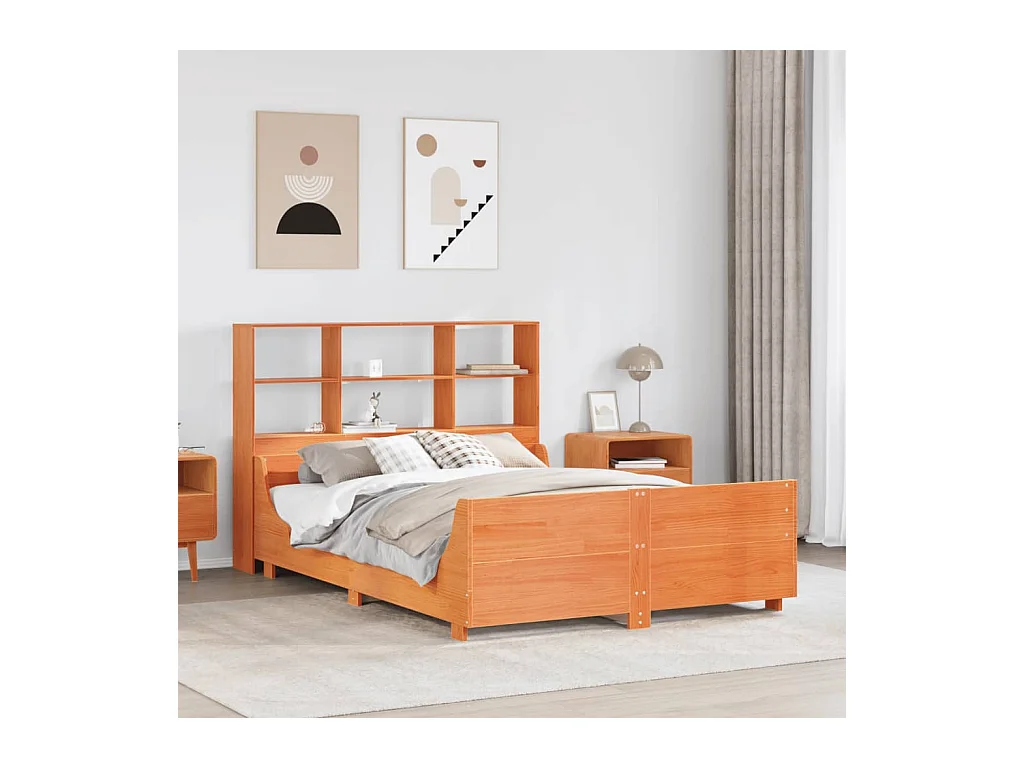 Cama con estantería sin colchón madera maciza marrón 135x190 cm