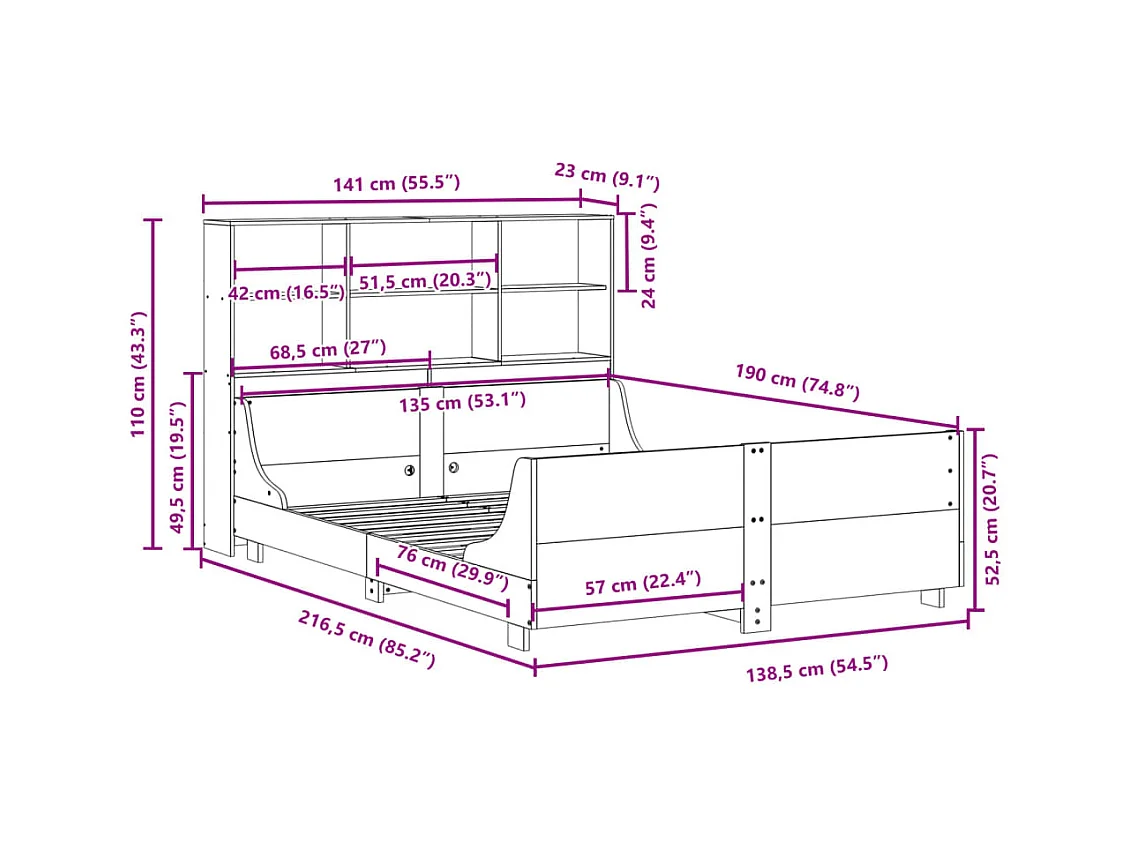 Cama con estantería sin colchón madera maciza marrón 135x190 cm